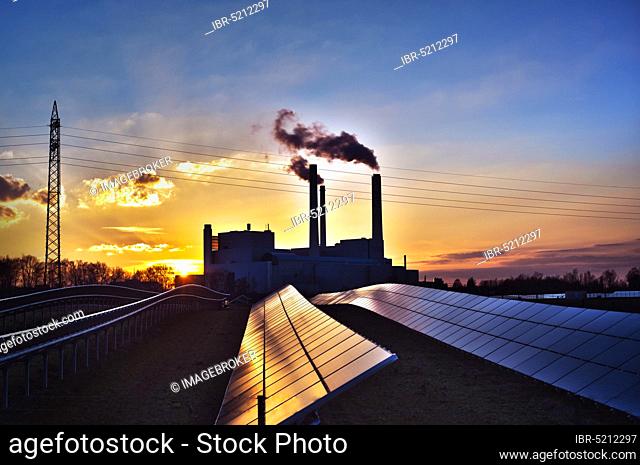 Solar park with combined heat and power plant Munich North, HKW, Unterföhring, near Munich, Bavaria, Germany, Europe