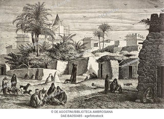 View of Minieh, Arabic village in Cairo, Egypt, engraving from Le Caire et la Haute-Egypte, illustration by A Darjou from L'Illustration, Journal Universel
