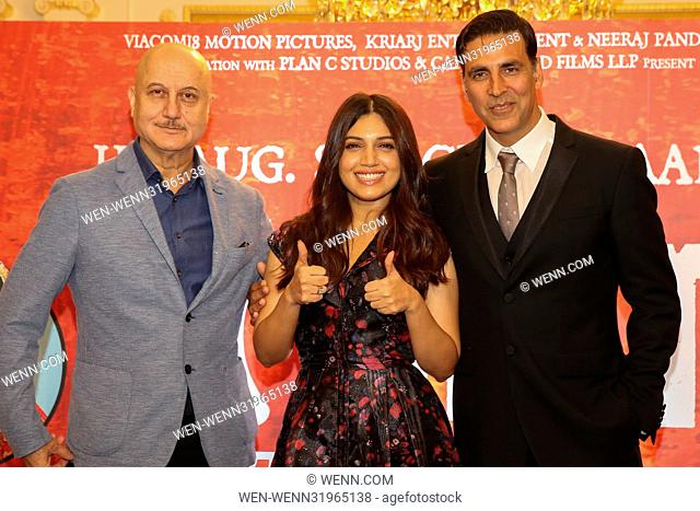 Photocall with Bollywood’s most popular star Akshay Kumar, national award winning actress Bhumi Pednekar and Bend it Like Bechkam star Anupam Kher for 'Toilet:...