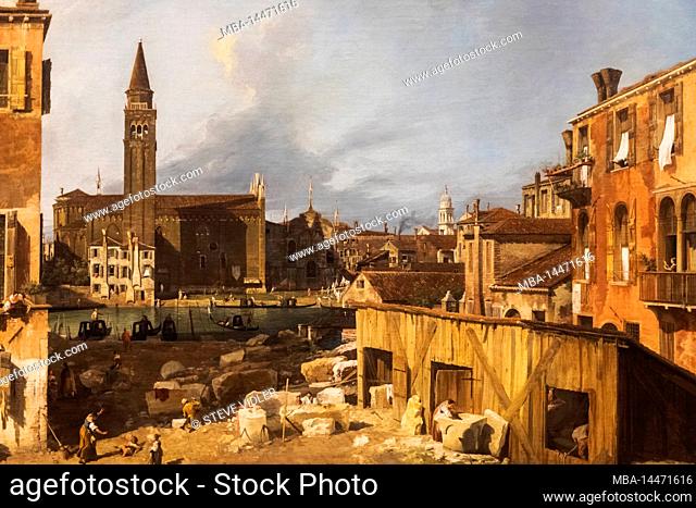 Painting titled Venice: Campo S.Vidal and Santa Maria della Carita (The Stonemason's Yard by Italian Artist Canaletto dated 1728