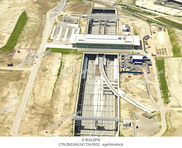 Aerial view of Stratford International DLR rail station under construction at the heart of the Olympic Park, Stratford, London, UK. 22nd of June 2007