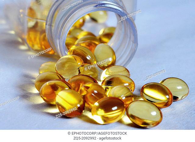 close up of cod liver oil pills, India