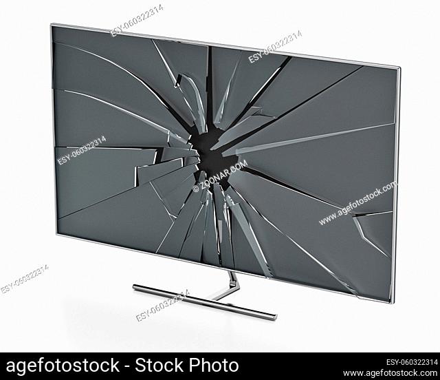 LCD TV with shattered screen isolated on white background. 3D illustration