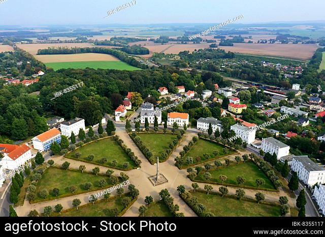 Aerial panorama over Putbus showing the Circus with Obelisk, Rügen, Mecklenburg-Western Pomerania, Germany, Europe
