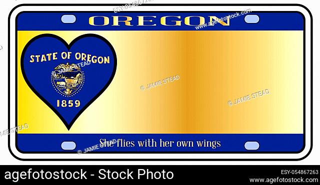 Oregon state license plate in the colors of the state flag with the flag icons over a white background