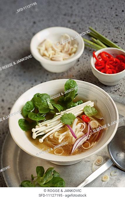 Vietnamese soup with vegetables and rice noodles