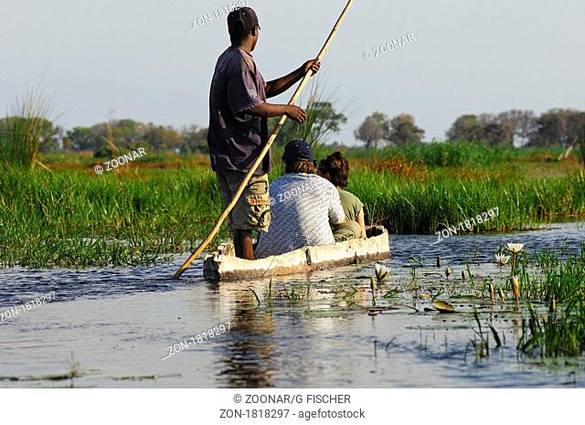 Kahnfahrer mit Touristen im traditionellen Mokoro Einbaum auf Exkursion im Okavango Delta, Botswana / Poler with tourists in a tradiional mokoro logboat on...