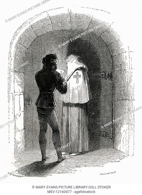 Illustration by Kenny Meadows to Measure for Measure, by William Shakespeare. The Duke, disguised as a Friar, visits the prison where Isabella's brother is...