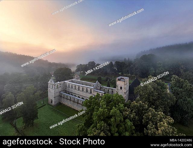 Germany, Thuringia, Königsee, Paulinzella, monastery ruins, forest, overview, fog, mountains, dawn
