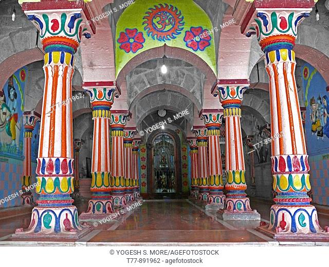 Interior of Lord Shiva temple surrounded by water having attractive sculptures, Ramdarya, Pune, Maharashtra, India