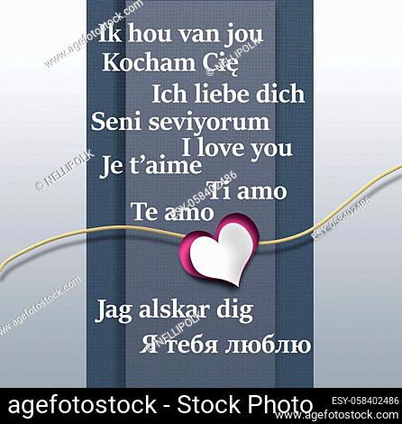 I love you text in different European languages. Paper heart and I love you text on grey pastel background. 3D illustration