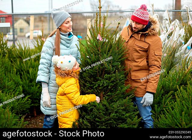 happy family choosing christmas tree at market