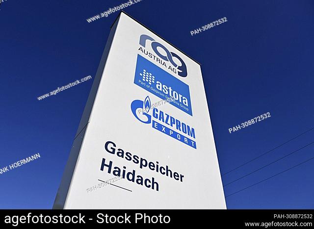 Sign at the entrance gate of the Haidach gas storage facility on August 2nd, 2022. RAG Austria AG, Gazprom, Astora. ?SVEN SIMON Photo Agency GmbH & Co