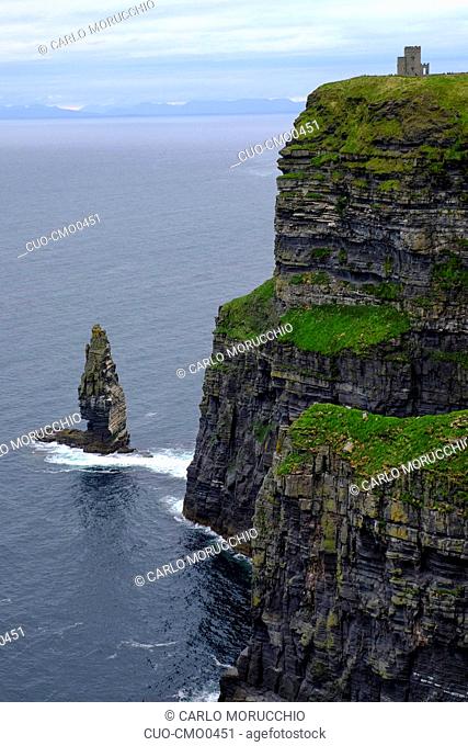 The Cliffs of Moher and Branaunmore sea stack, Burren region in County Clare, Ireland, Europe