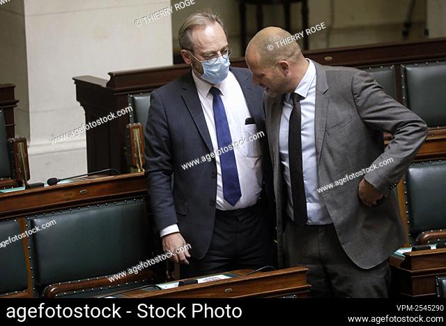 N-VA's Peter De Roover and N-VA's Theo Francken pictured during a plenary session of the Chamber at the Federal Parliament in Brussels