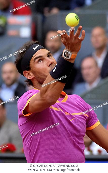 Rafael Nadal of Spain in action in his match against Nick Kyrgios of Australia during day six of the Mutua Madrid Open tennis at La Caja Magica Featuring:...