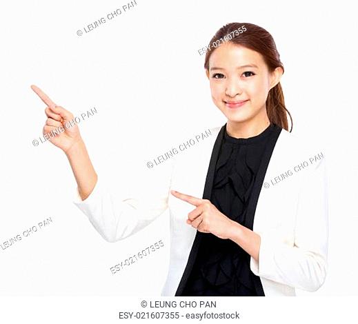 Professional businesswoman with two finger point aside