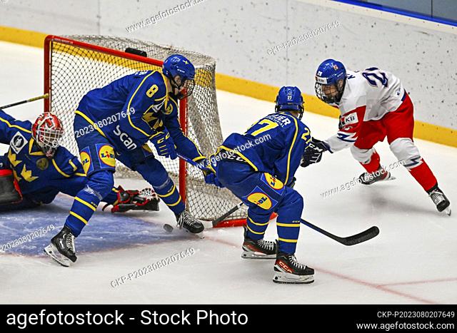 (L-R) Herman Liv, Gabriel Eliasson and Wilson Bjorck of Sweden and Ondrej Kos of Czech Republic in action during the Hlinka Gretzky Cup