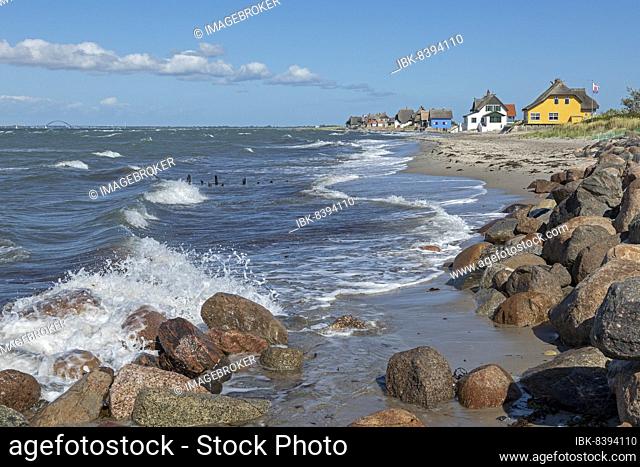 Thatched roof houses on the beach, Fehmarnsund Bridge, Graswarder Peninsula, Heiligenhafen, Schleswig-Holstein, Germany, Europe