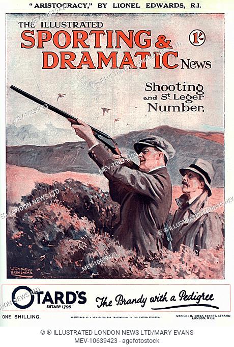 Front cover of The Illustrated Sporting and Dramatic News Shooting and St Leger Number, showing two men enjoying a grouse shoot on the moors