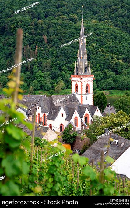 View through the vinyard of the parish church Saint Martin, historic site of Ediger-Eller, Moselle, Germany