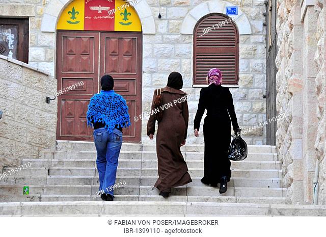 Veiled women in the historic centre of Bethlehem, West Jordan Land, Israel, Middle East, Orient