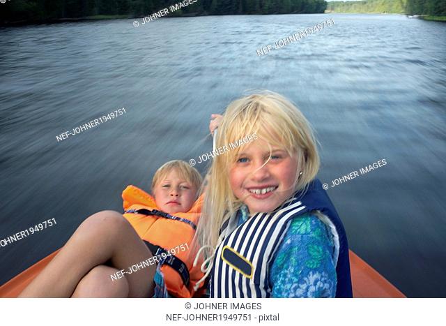 Children on boat, Siljan, Dalarna, Sweden