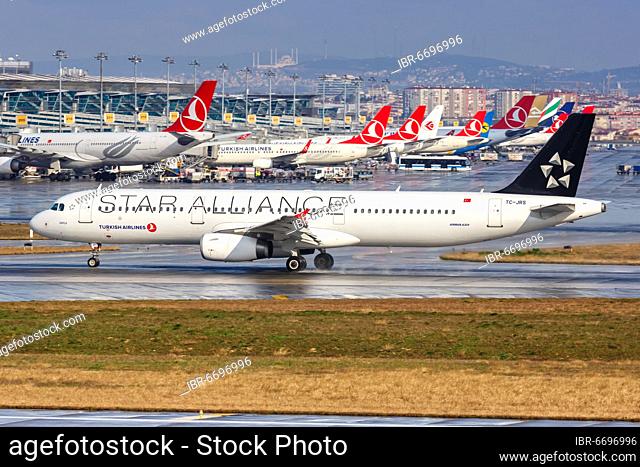 An Airbus A321 aircraft of Turkish Airlines with registration TC-JRS and EuroLeague European Starling Alliance at Istanbul Ataturk Airport (IST) in, Istanbul