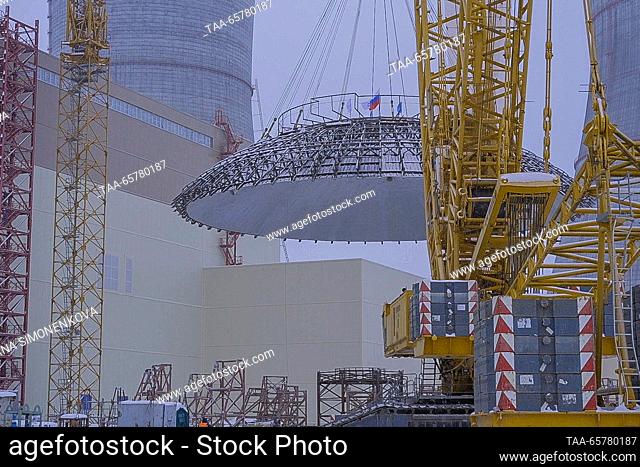 RUSSIA, KURSK REGION - DECEMBER 15, 2023: The installation of the Unit 2 dome takes place at the Kursk II Nuclear Power Plant