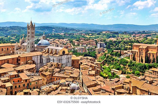 View of Siena town with Basilica Cateriniana di San Domenico.Tuscany, Italy