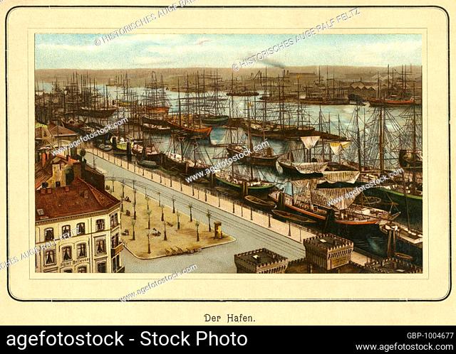 Europa, Deutschland, Hamburg, Landungsbrücken, Blick auf den Hafen mit Segelschiffen, im Vordergrund das Hotel "" Bellevue ""