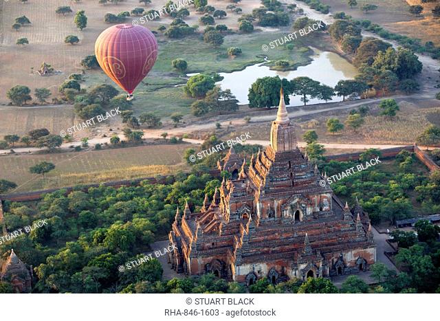 Dawn over ancient temples from hot air balloon, Bagan (Pagan), Central Myanmar, Myanmar (Burma), Asia