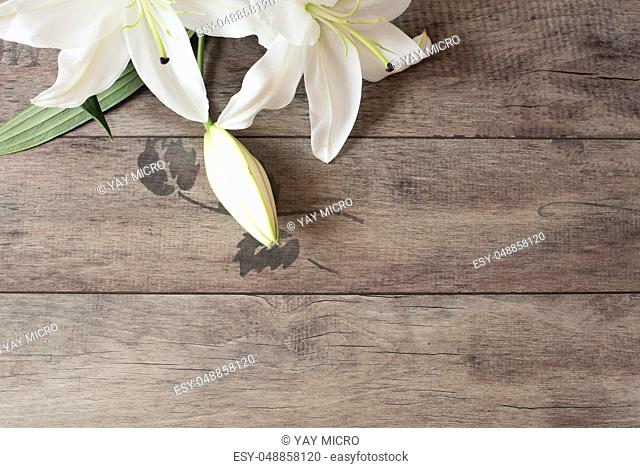 Floral frame with white lilies on wooden background. Styled marketing photography. Copy space. Wedding, gift card, valentine's day or mothers day background
