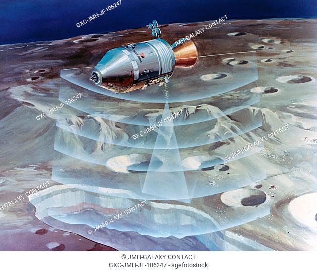An artist's concept illustrating how radar beams of the Apollo 17 lunar sounder experiment will probe three-quarters of a mile below the moon's surface from the...