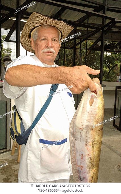 Man showing a bif fish, Fish market Colombia, South America