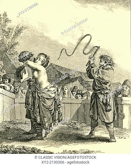 Flogging of a woman convict in Russia as a public spectacle, using a knout , a heavy scourge-like multiple whip, 18th century