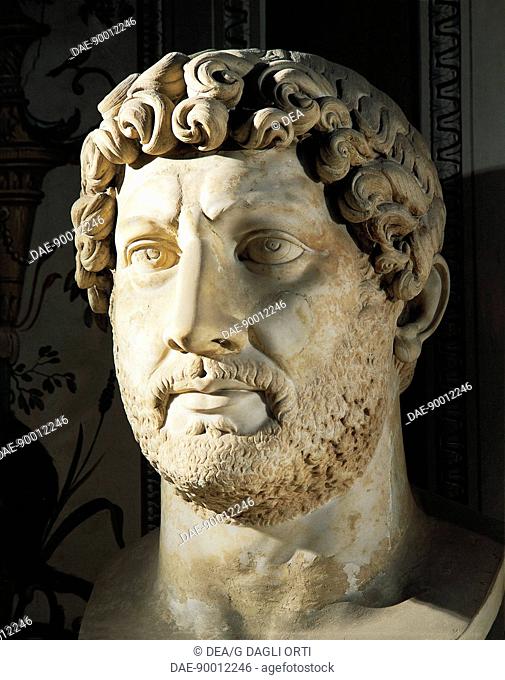 Roman civilization, 2nd century A.D. Marble head of Hadrian (76-138), Roman Emperor from 117.  Rome, Galleria Borghese (Archaeological And Art Museum)