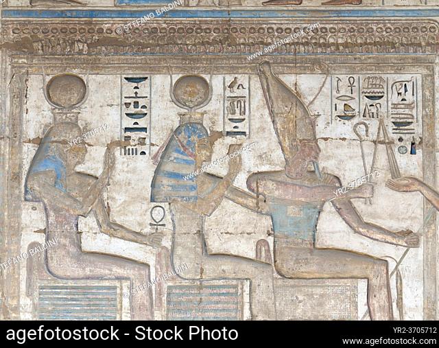 Painted relief image on the wall of Medinat Habu temple, Luxor, Egypt