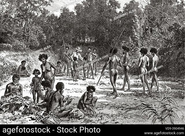 Camp of a wild indigenous tribe. Queensland, Australia. Old 19th century engraved illustration, Journey to Northeast Australia by Carl Lumholtz 1880-1884 from...