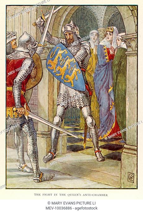 Sir Lancelot rescues Queen Guinevere (in her anti- chamber) from Sir Mador