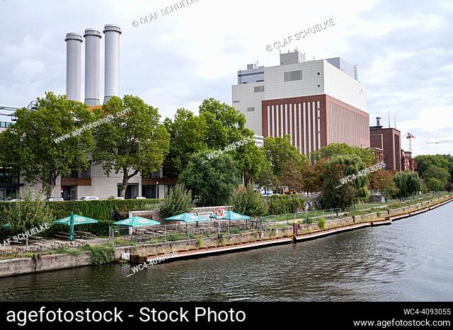Berlin, Germany, Europe - View from the Caprivibruecke (Caprivi Bridge) of the Charlottenburg power station on the bank of the Spree River in the district of...
