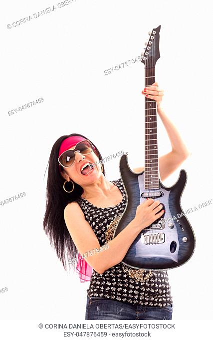 Hippie woman with electric guitar isolated on white background