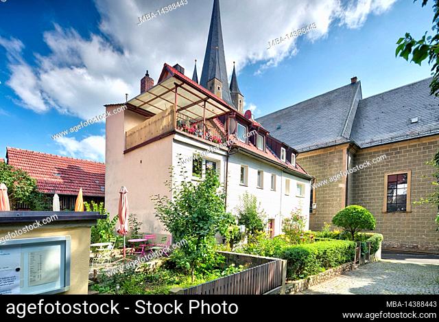 House facade, terrace, decoration, St.Michael, church, autumn, Zeil am Main, Franconia, Bavaria, Germany, Europe