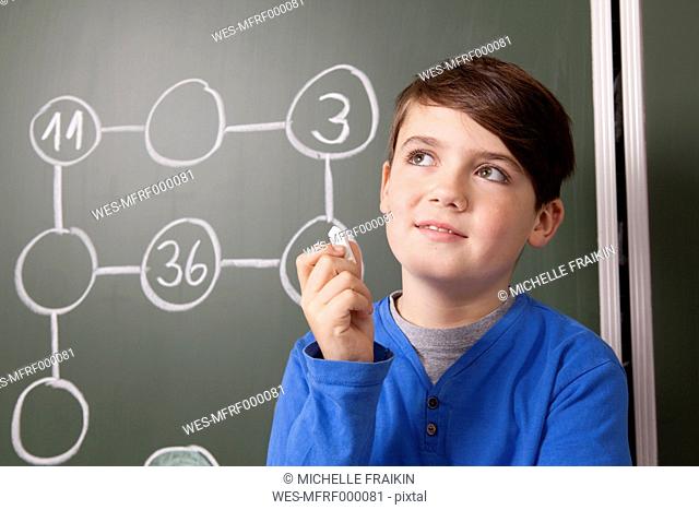 Schoolboy at blackboard with arithmetic problem