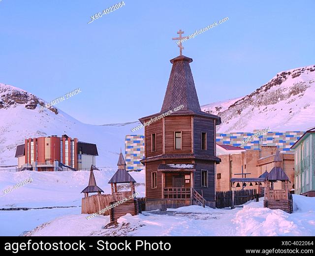 The russian orthodox church. Russian coal mining town Barentsburg at fjord Groenfjorden, Svalbard. The coal mine is still in operation