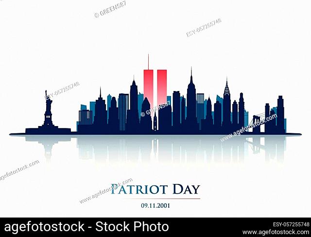 Twins Tower in New York City Skyline. World Trade Center. September 11, 2001 National Day of Remembrance. Patriot Day anniversary banner