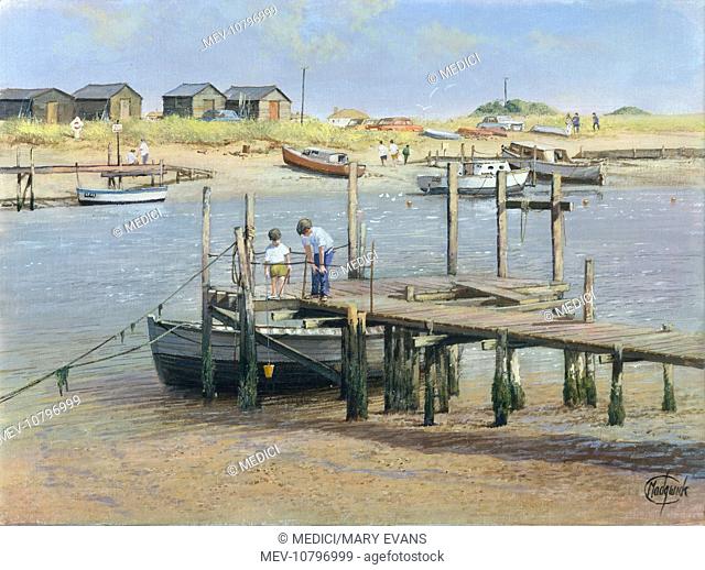 'Crabbing, Walberswick' – Suffolk – with two young boys on a jetty, beach, boats, beach huts etc