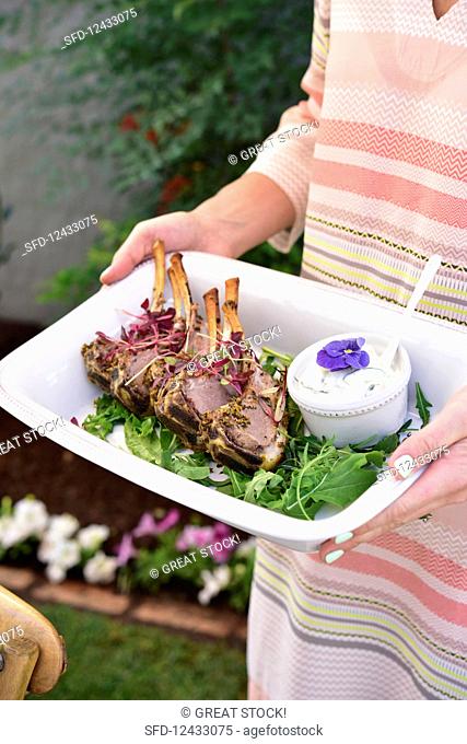 Lamb chops with a herb crust and tzatziki