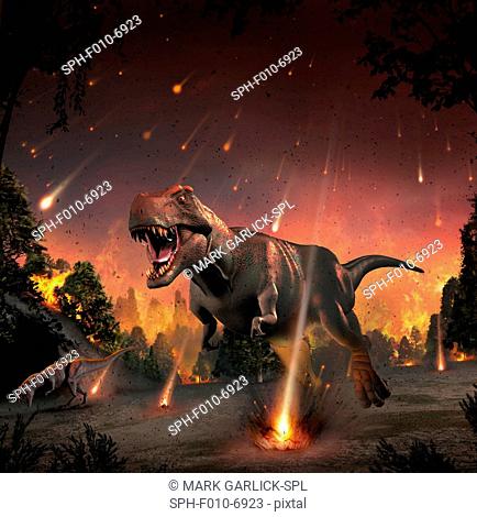 Artwork of tyrannosaurs fleeing a hail of impact ejecta. Some 65 million years ago, the impact of an asteroid or comet with the Earth provoked one of...