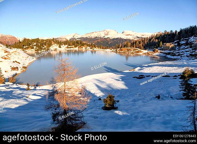 Colbricon lakes winter view, San martino di Castrozza, Italy. Mountain landscape